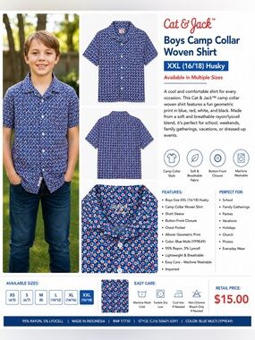 Cat & Jack Blue Multi Short-Sleeve Camp Collar Shirt